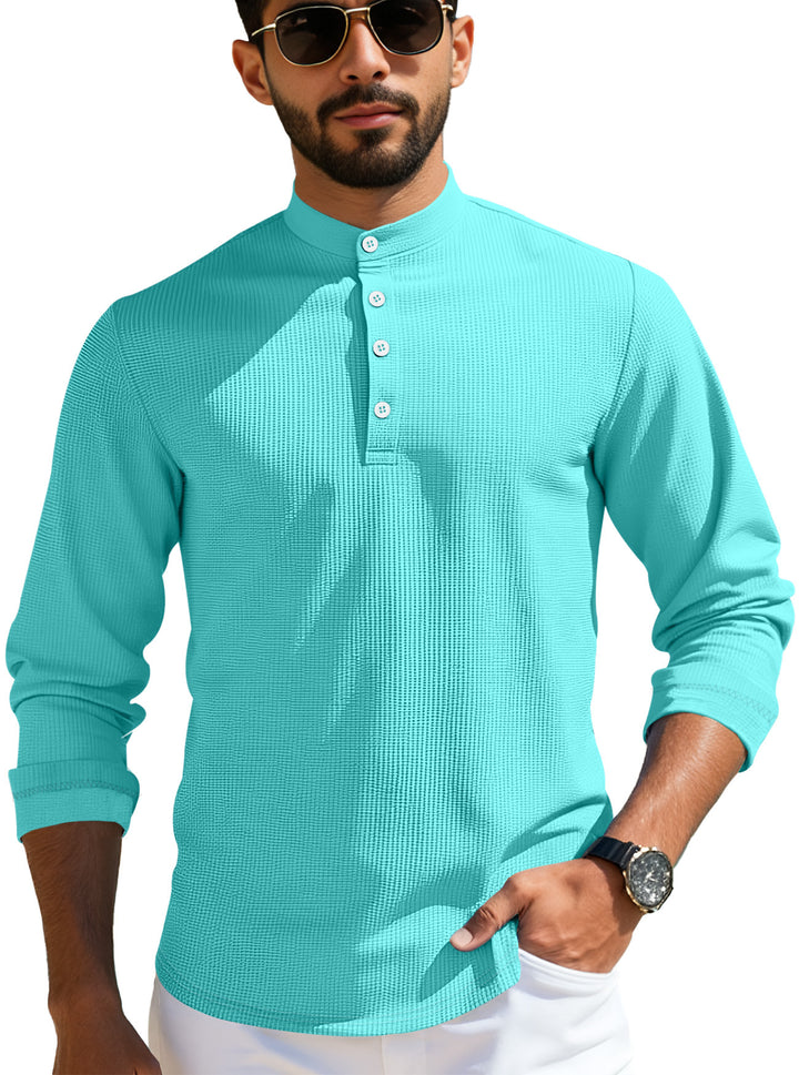 Herren nan strukturiertes Langarm-Henley mit Nehru-Kragen und Ton-in-Ton-Knopfleiste Echo Archiv