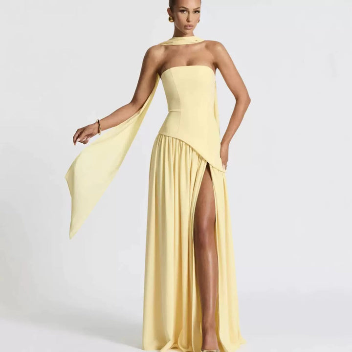 Damen Maxikleid mit figurbetontem Oberteil und schwingendem Rock Echoarchiv