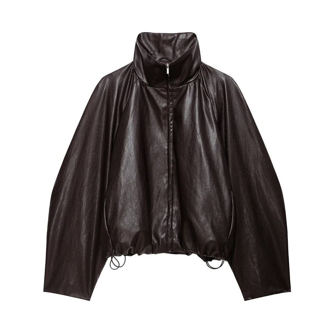 Damen Oversize Jacke im Lederlook mit hohem Funnelkragen, Raglanärmeln und Tunnelzugsaum Echoarchiv