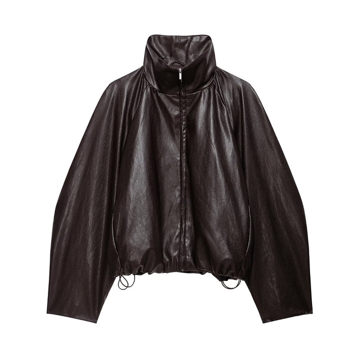 Damen Oversize Jacke im Lederlook mit hohem Funnelkragen, Raglanärmeln und Tunnelzugsaum Echoarchiv