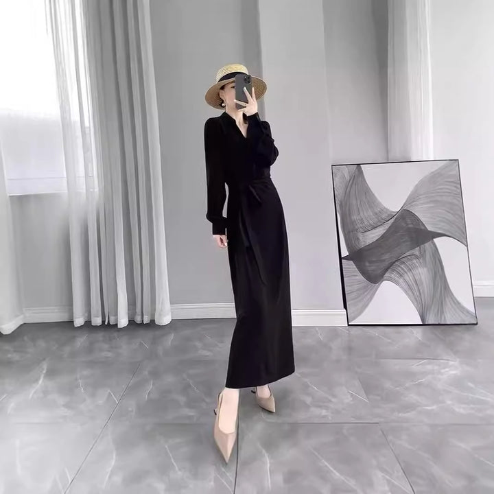 Damen Langärmliges Wickel‑Maxikleid mit Taillengürtel und V‑Ausschnitt Echoarchiv