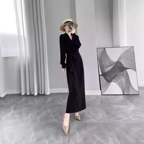 Damen Langärmliges Wickel‑Maxikleid mit Taillengürtel und V‑Ausschnitt Echoarchiv
