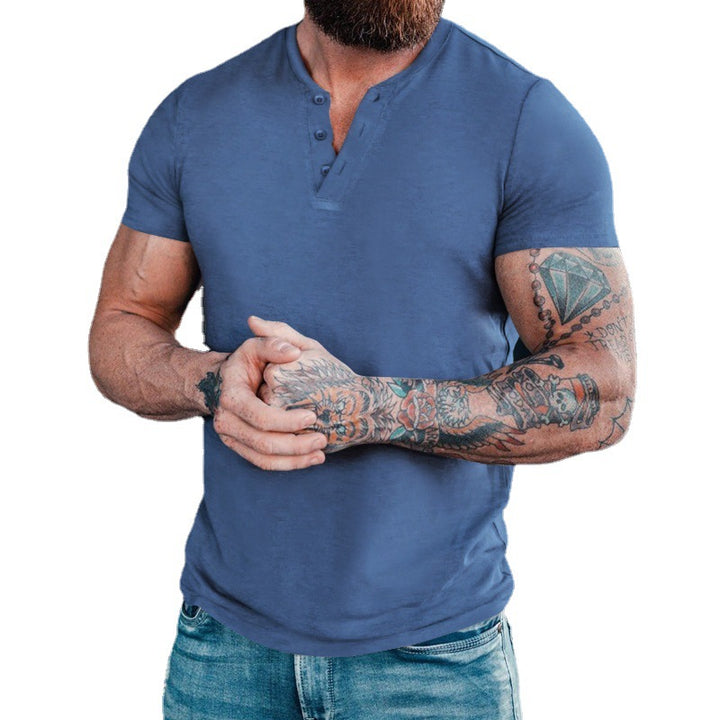 Herren Kurzarm-Henley-T-Shirt aus atmungsaktiver Baumwolle mit dekorativer Knopfleiste Echoarchiv