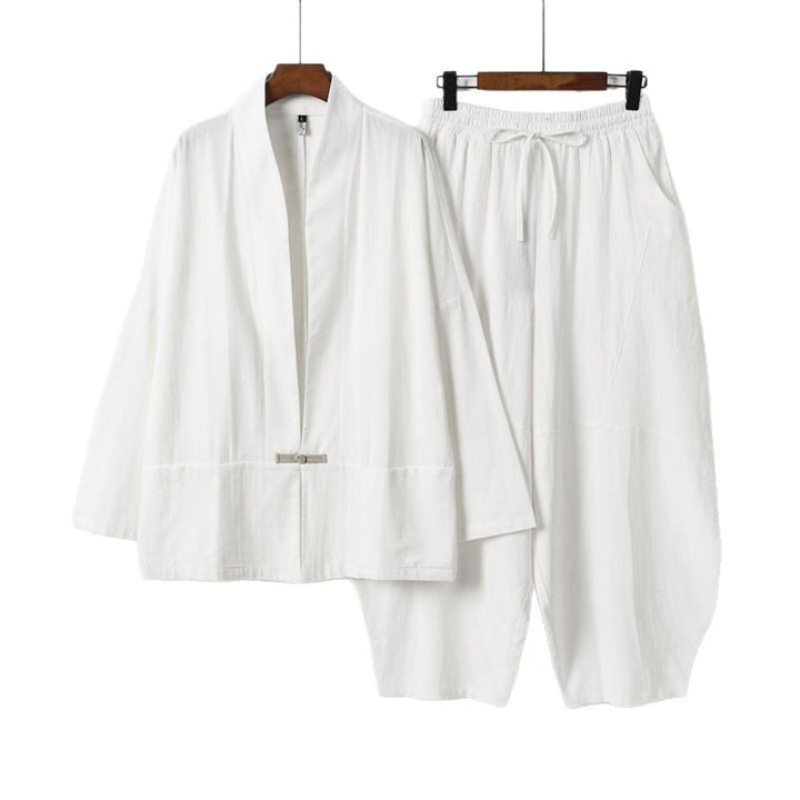 Herren Kimono-Loungewear-Set mit kurzem Schalkragen und weiten Harem-Bundhosen Echoarchiv