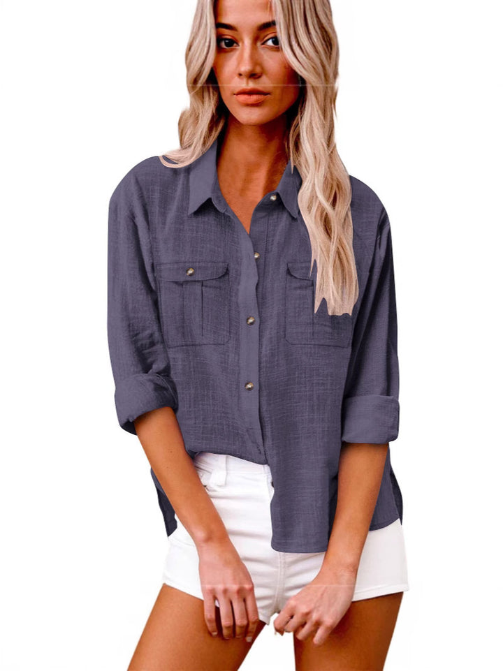 Damen Leichte Oversize-Hemdbluse aus Baumwollmischung mit Brusttaschen – Élovi