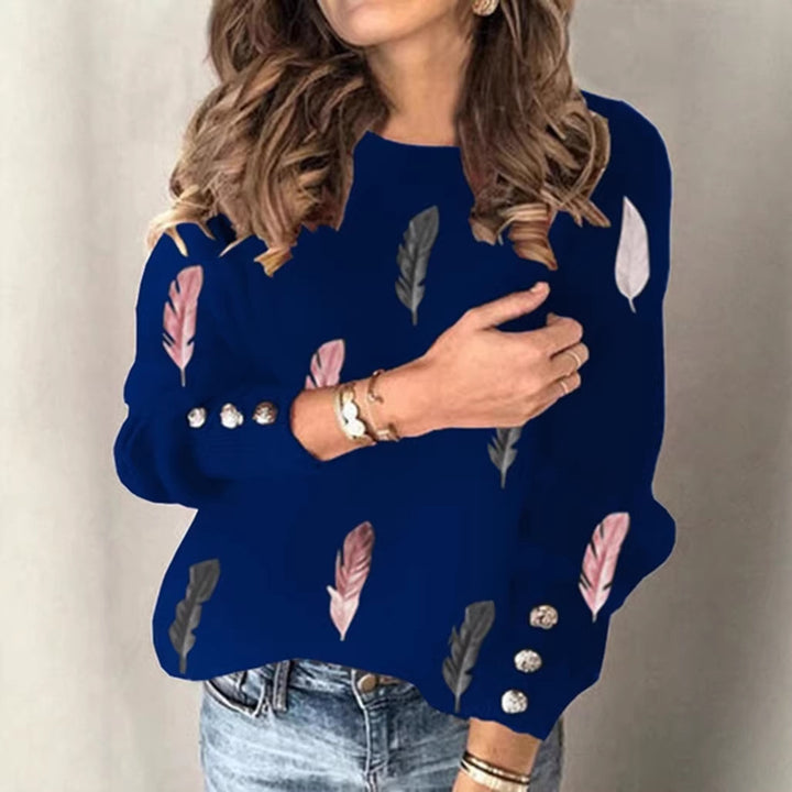 Damen Feinstrickpullover mit Federmotiv, Rundhalsausschnitt und dekorativer Knopfleiste Echoarchiv