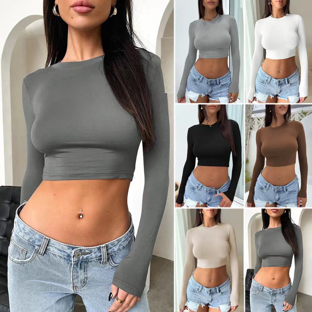 Damen Figurnahes Stretch-Cropped-Langarmshirt mit Rundhalsausschnitt Echoarchiv