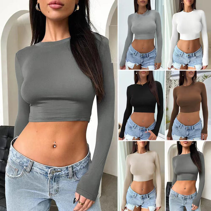 Damen Figurnahes Stretch-Cropped-Langarmshirt mit Rundhalsausschnitt Echoarchiv