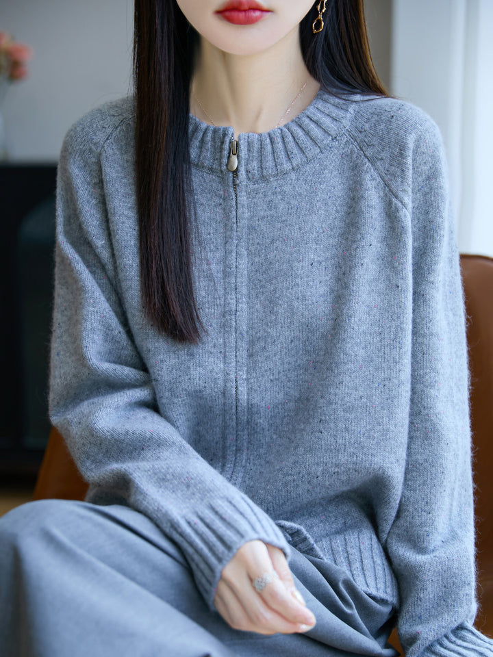 Damen Zip-Strickjacke mit Rundhalsausschnitt, feinem Nep‑Garn und gerippten Abschlüssen Echoarchiv