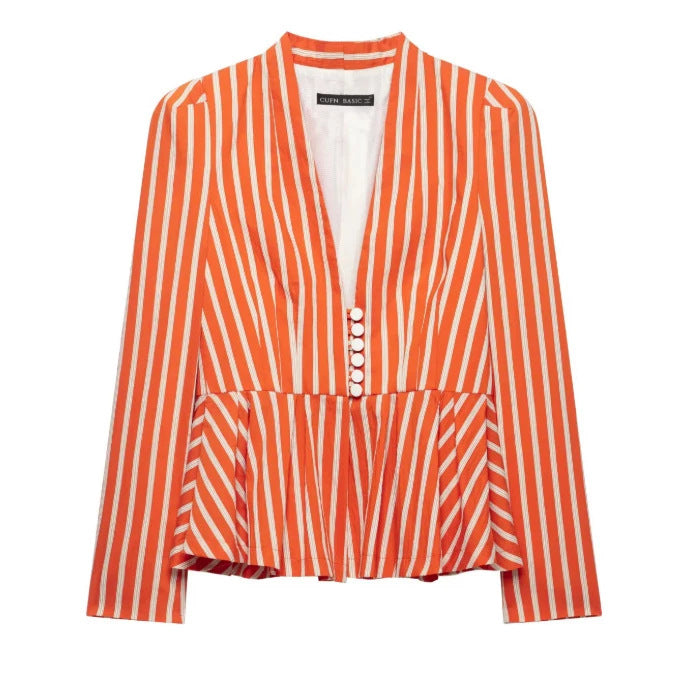 Damen Gestreifte Peplum‑Bluse mit tiefem V‑Ausschnitt und Zierknopfleiste Echo Archiv