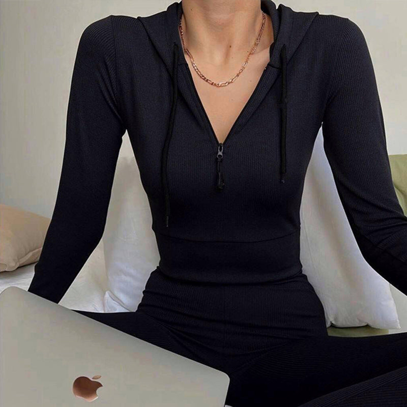 Damen geripptes Lounge-Set mit halbem Reißverschluss und hoher Taille – Élanora