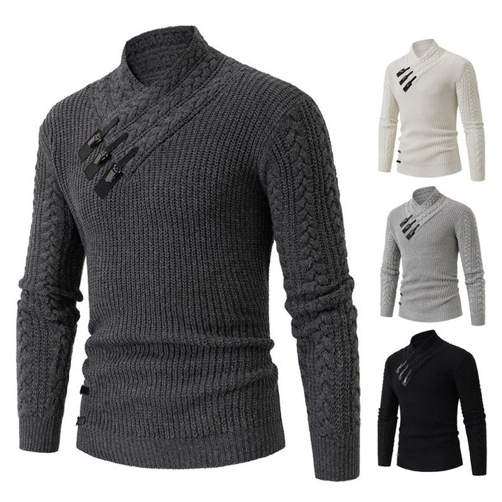 Herren Strukturiertes Zopfmuster-Mockneck-Pullover mit asymmetrischer Riegelverzierung Echo Archiv