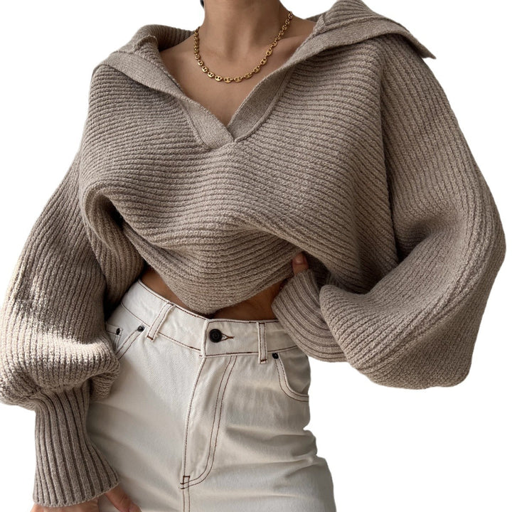 Damen Grobstrick Cropped-Pullover mit weitem Matrosenkragen und Oversize-Ärmeln – Mavelle