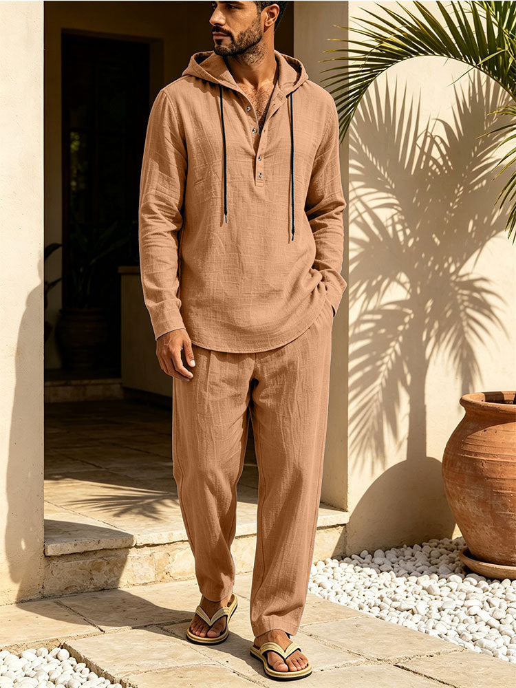 Herren Lässiges Leinen-Look Freizeit-Set mit Kapuzenhemd und weiten Hosen Echoarchiv