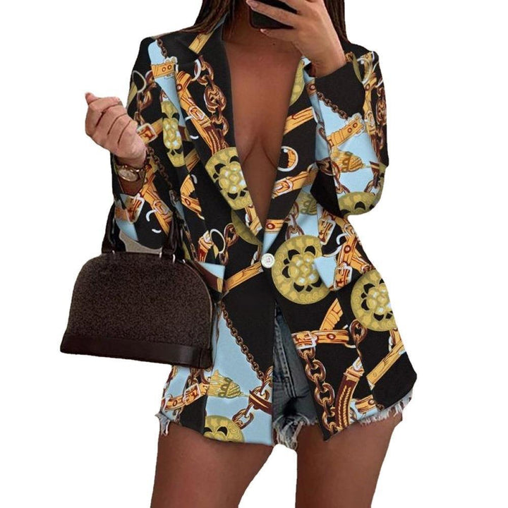 Damen Gemusterter Longline-Blazer mit Ein-Knopf-Verschluss und Seidentuch-Print Echoarchiv
