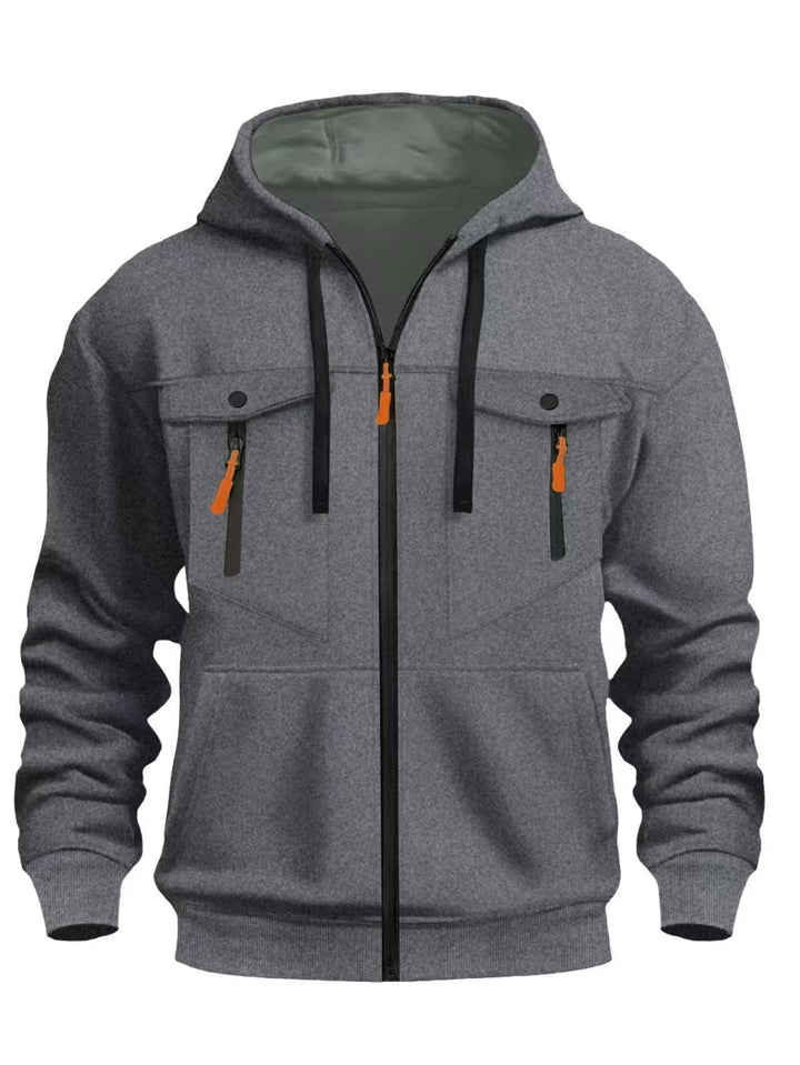 Herren Kapuzen-Sweatjacke mit durchgehendem Reißverschluss, zwei zip-Brusttaschen und ergonomischen Bündchen – Cavarno