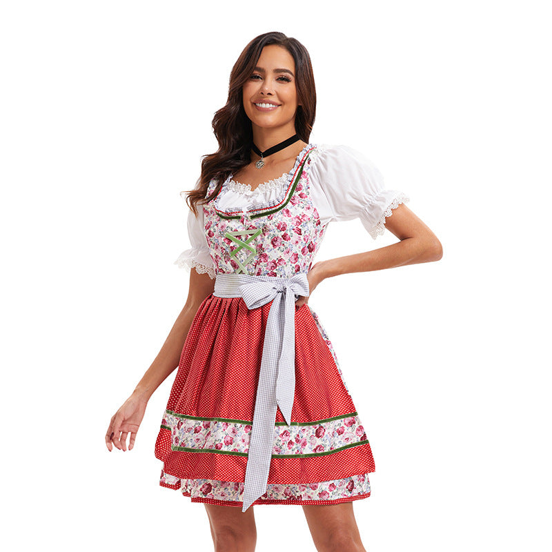 Damen nan verspieltes Trachtenkleid mit floral bestickter Korsage, geschnürter Taille und kurzstufigem Rock Echo Archiv