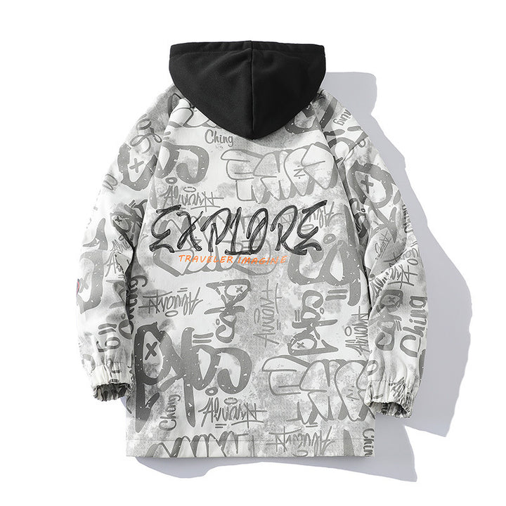Herren Graffiti-Print Kapuzenparka mit Zip-In Fleece-Innenlayer Echoarchiv