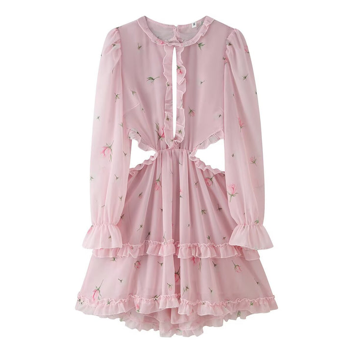 Damen Romantisches Chiffon-Minikleid mit Taillen-Cutouts, Volants und Puffärmeln Echo Archiv