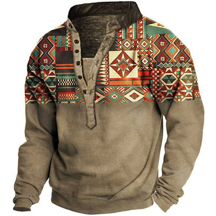 Herren Fleece-Pullover mit einzigartigem Ethno-Muster und praktischen Knopfdetails Echoarchiv