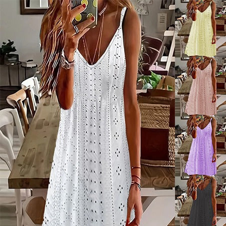 Damen Ärmelloses Sommerkleid mit dekorativem Lochmuster und V-Ausschnitt Echoarchiv