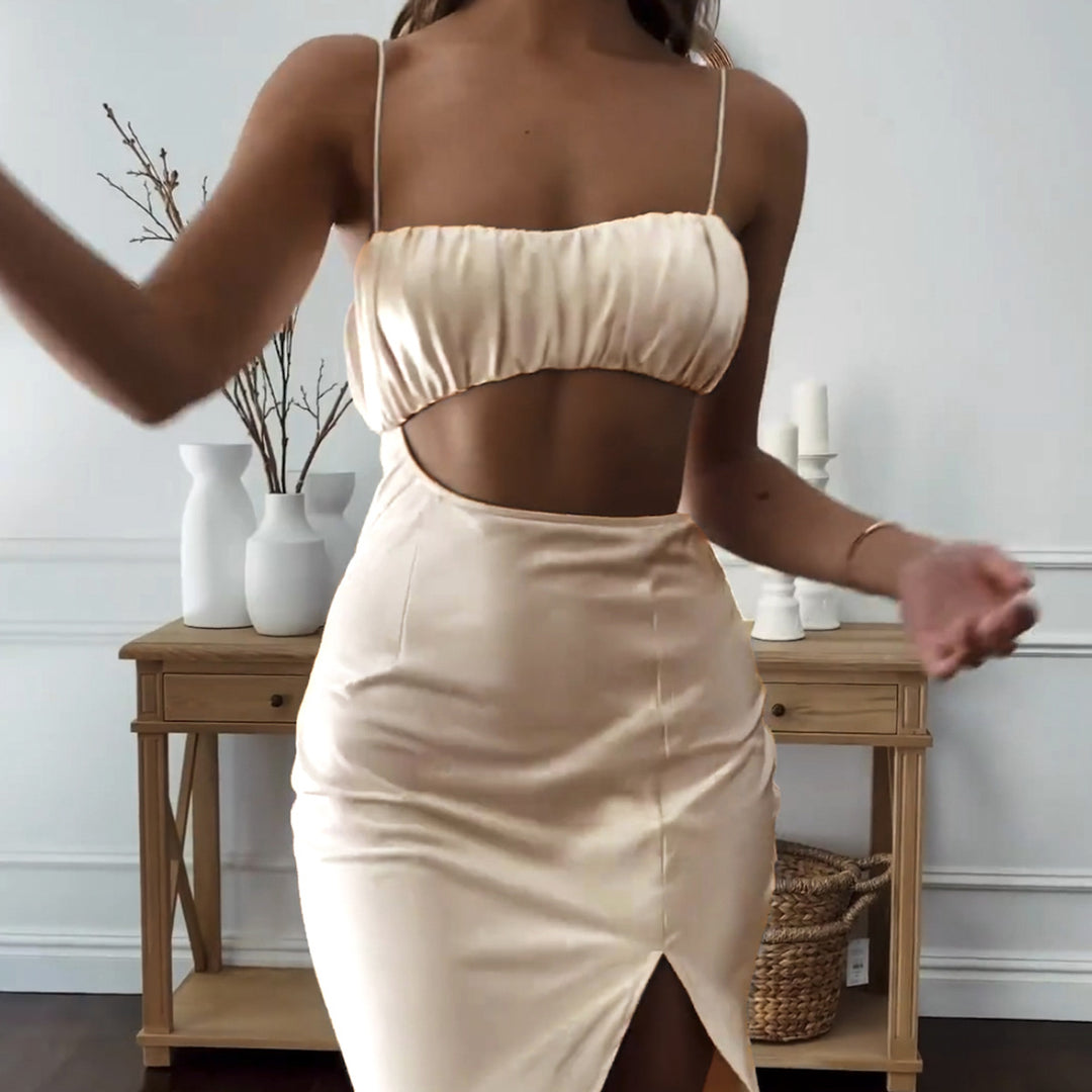 Damen Elegantes Cut-Out Kleid mit schmalen Spaghetti-Trägern und drapiertem Oberteil Echo Archiv