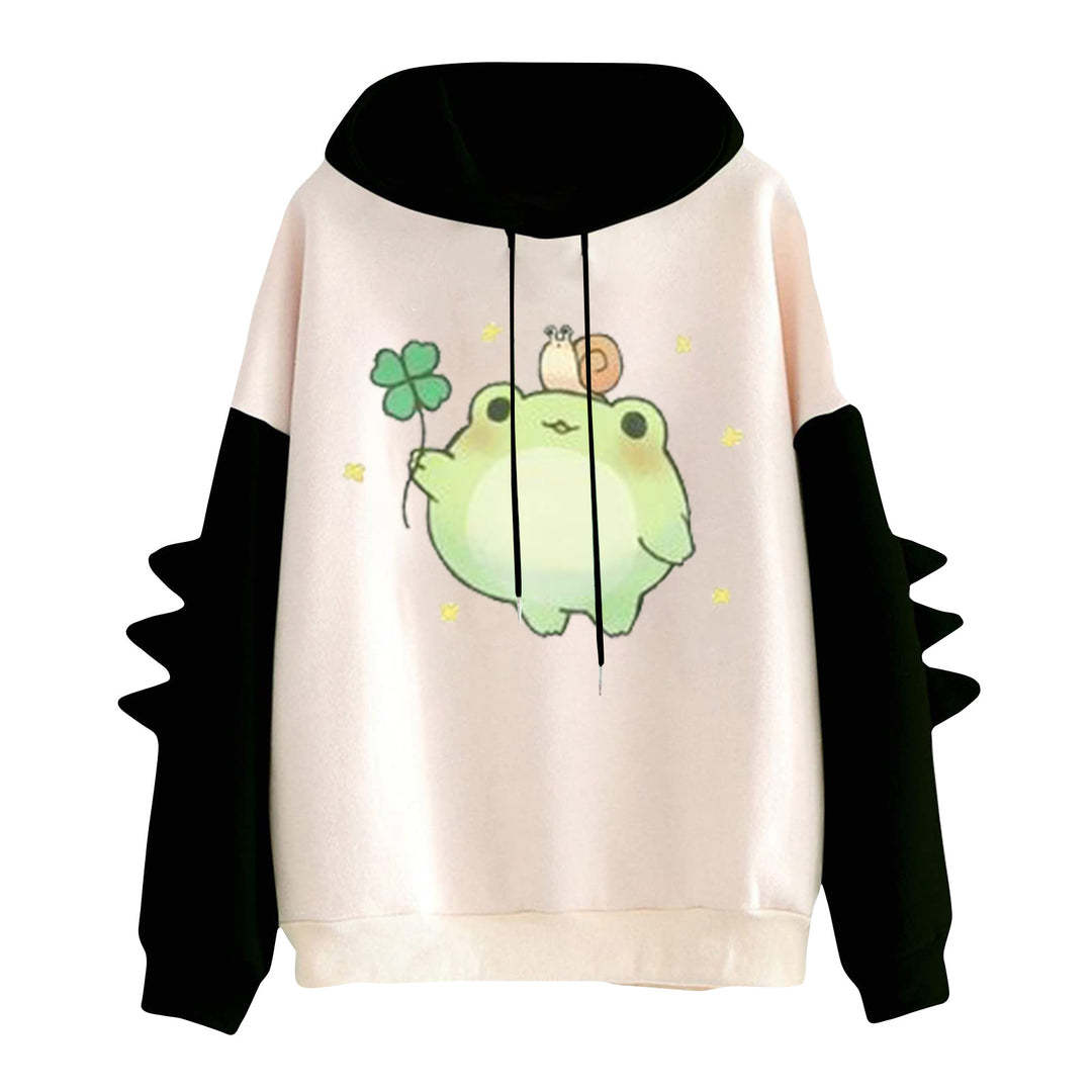 Damen Kapuzenpullover mit niedlichem Frosch-Motiv, Kängurutasche und volumigen Ärmelapplikationen – Auréline