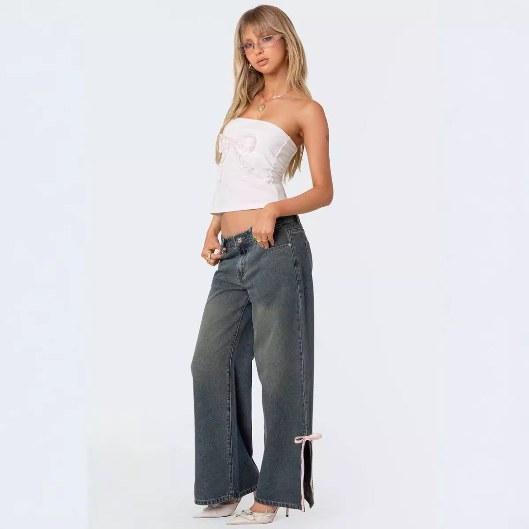 Damen Hohe Taillen Denim-Hose mit modischen Schleifendetails Echo Archiv