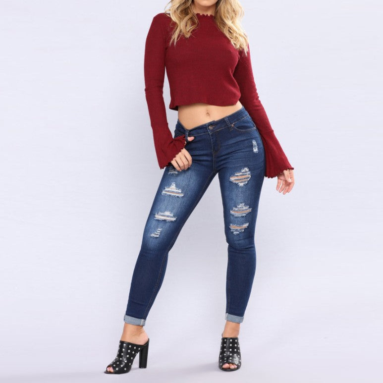 Damen nan hochgeschnittene Skinny-Jeans mit Destroyed-Details und umgeschlagenem Knöchelabschluss Echo Archiv