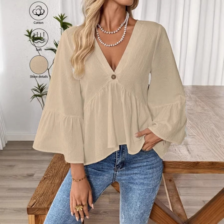 Damen nan elegante Empire-Bluse mit V-Ausschnitt, geraffter Brustnaht und Glockenärmeln Echo Archiv