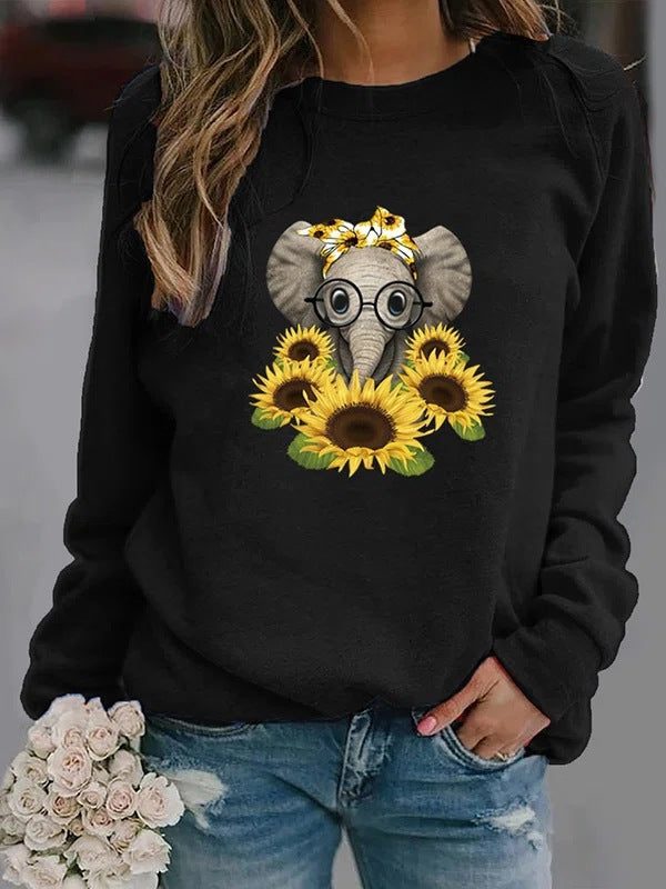 Damen-Sweatshirt mit Elefantenprint, Sonnenblumenmotiv und weichem Fleece – Mavelle
