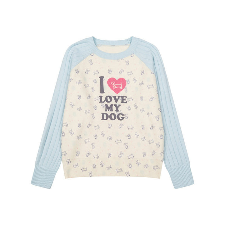 Damen Gestrickter Raglanpullover mit Herz‑Hundemotiv, Rippärmeln und Allover-Print Echoarchiv