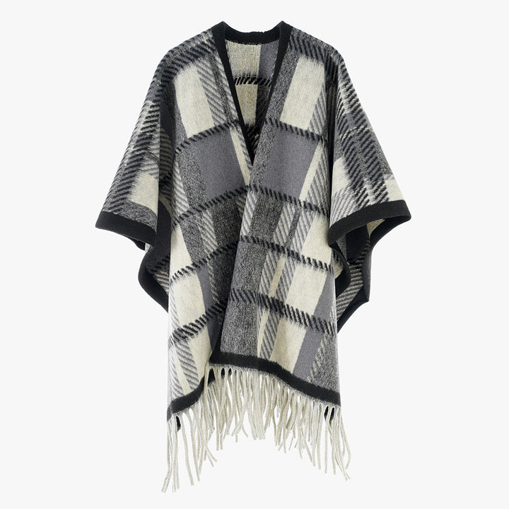 Damen Oversize-Wollmix-Poncho mit Karomuster und Fransensaum Echo Archiv