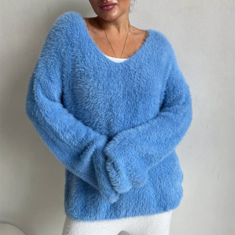 Damen Oversize-Flauschpullover mit V-Ausschnitt und Teddy-Optik – Mavelle