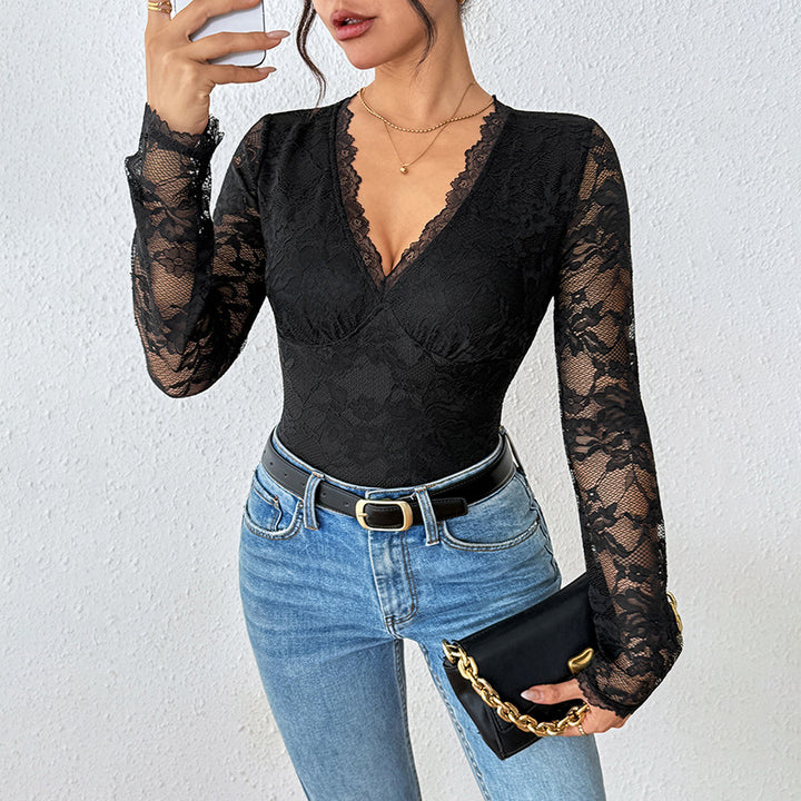 Damen Eleganter Spitzen-Body mit Korsett-Teilung und langen Transparentärmeln Echoarchiv