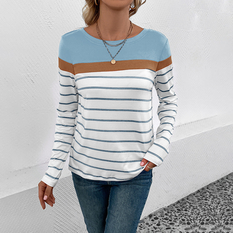 Damen Langarm-Shirt mit Streifenmuster, kontrastierender Passe und legerer Silhouette – Orélia