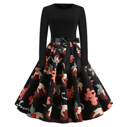 Damen Festliches Tellerkleid im Retro Stil mit langen Ärmeln tailliertem Oberteil und Satin‑Taillenschleife – Élara