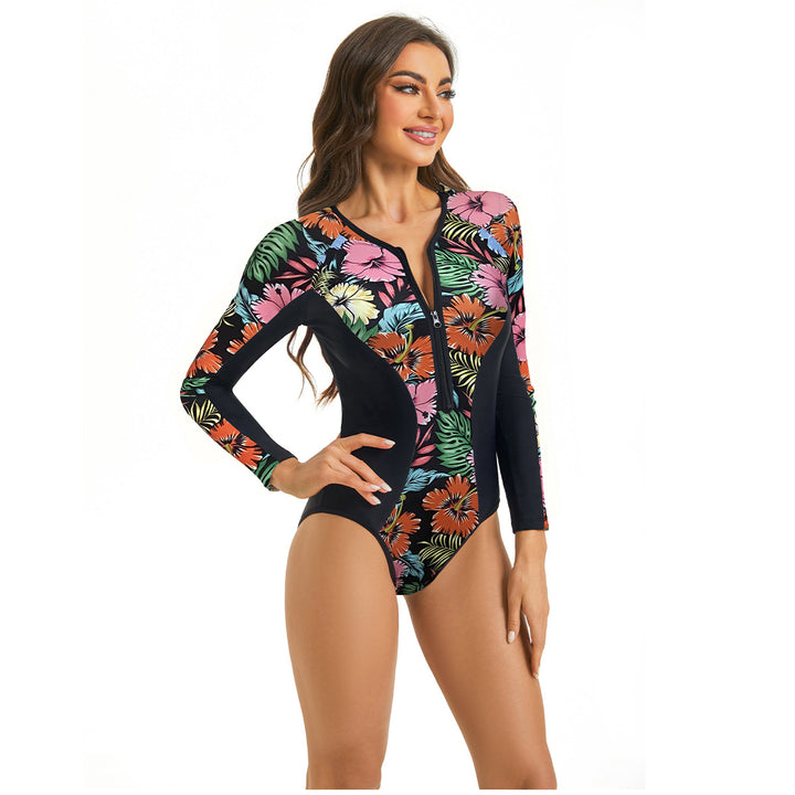 Damen Sportlicher Langarm Badeanzug mit floralem Grafikdesign Echo Archiv