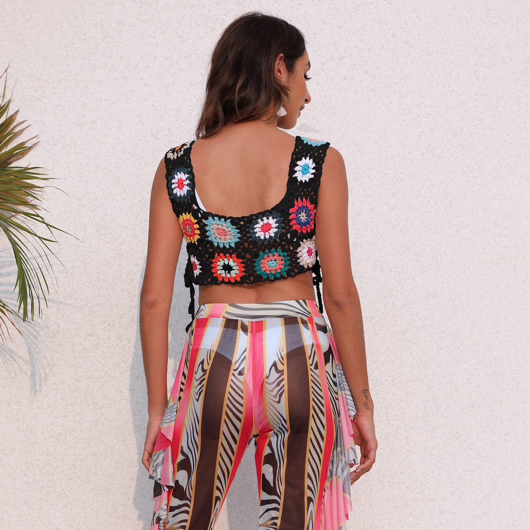 Damen gehäkeltes Crop-Top mit bunten Blumenmotiven Echo Archiv