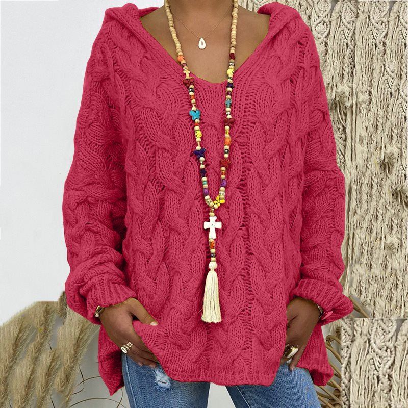 Damen Oversized Zopfmuster-Strickpullover mit Kapuze und lässigem V‑Ausschnitt Echo Archiv