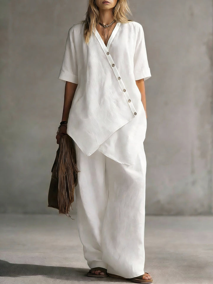 Damen Leinen-Zweiteiler mit asymmetrischer Knopfleiste und weiter Palazzo-Hose – Élanora