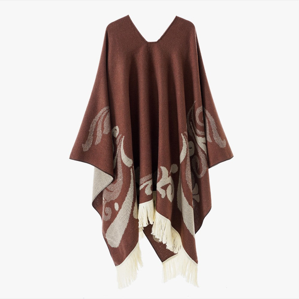 Damen Ornamentaler Jacquard‑Poncho mit V‑Ausschnitt und Fransensaum Echo Archiv