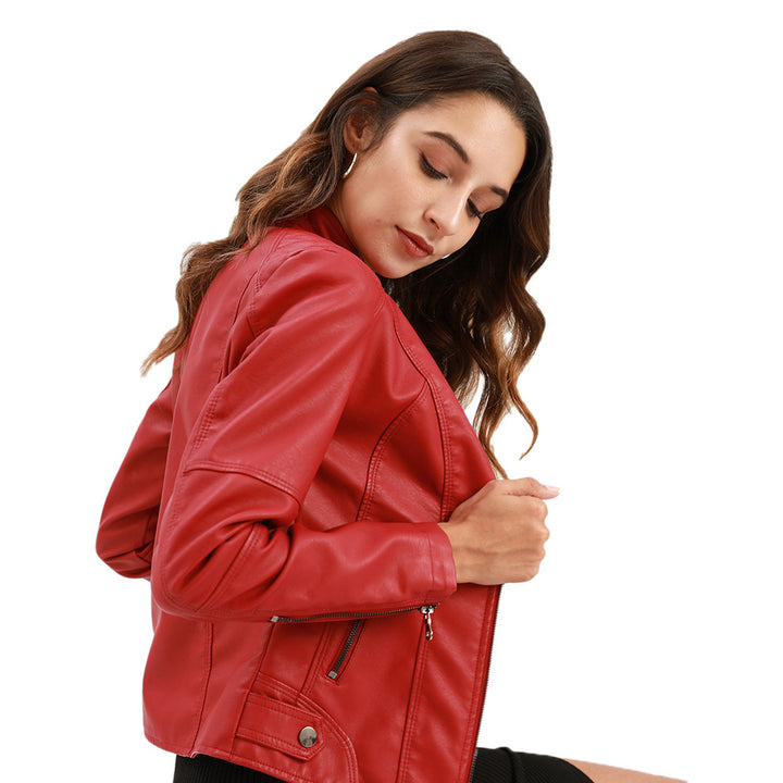 Damen nan taillierte Kunstleder Bikerjacke mit Stehkragen Echo Archiv