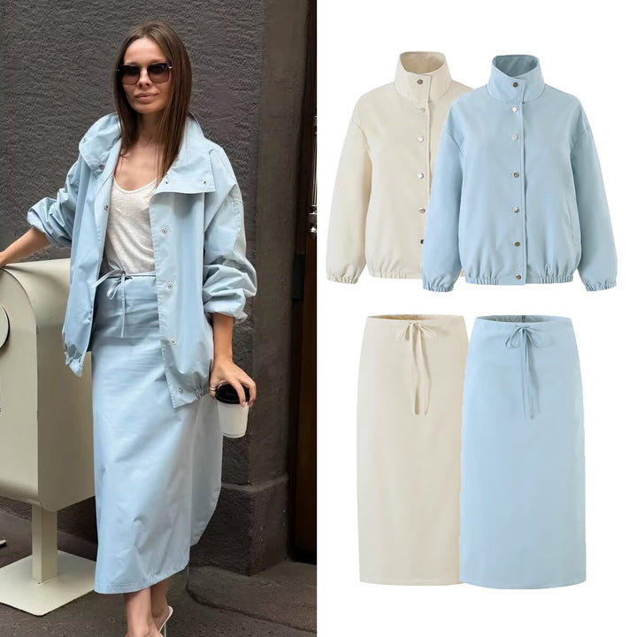 Damen Zweiteiliges Set aus kurzem Blouson mit Stehkragen und hoher Taillen-Bleistiftrock Echo Archiv