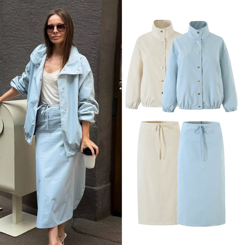 Damen Zweiteiliges Set aus kurzem Blouson mit Stehkragen und hoher Taillen-Bleistiftrock Echo Archiv