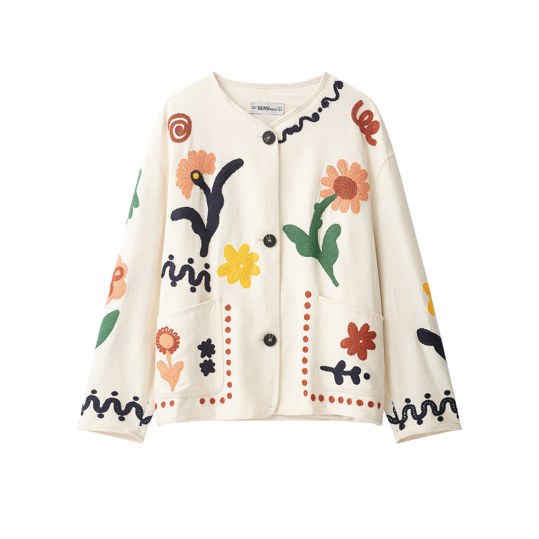 Damen Bestickte Oversize Baumwolljacke mit Blumendekor und Knopfleiste Echoarchiv