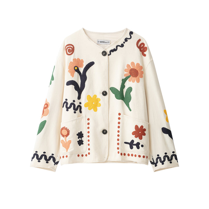 Damen Bestickte Oversize Baumwolljacke mit Blumendekor und Knopfleiste Echoarchiv
