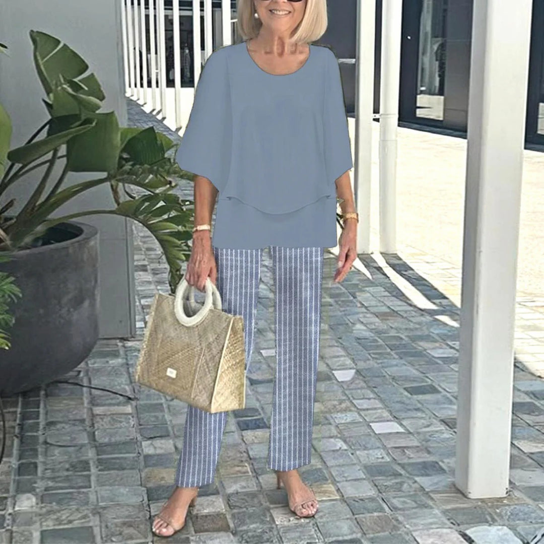 Damen nan Lagen-Tunika mit Cape-Ärmeln und knöchellanger Geradebeinhose mit Grafikprint Echo Archiv
