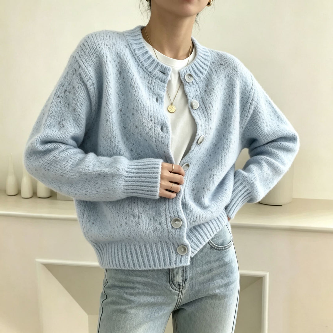 Damen Grobgestrickter Kurzcardigan mit Rundhalsausschnitt und meliertem Tweed-Effekt – Veloura
