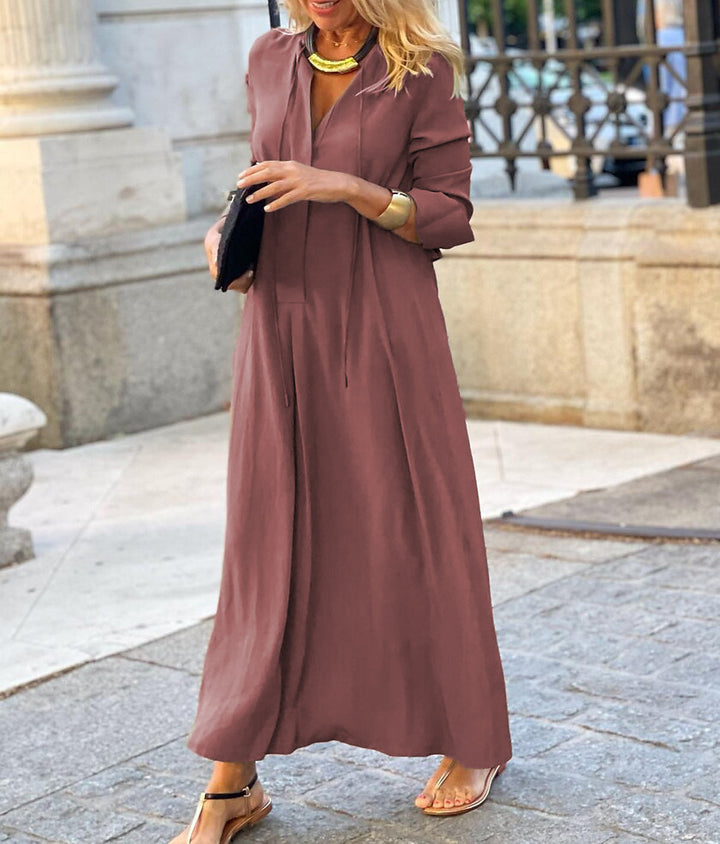 Damen Maxikleid mit V-Ausschnitt, Langärmelig, lockere A-Linien‑Silhouette und Kordelzug – Valéora
